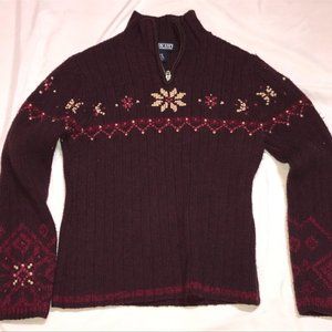 Women's Lands End Wool Sweater Sz 2-4 Petite Plum Purple Qtr Zip Snowflakes